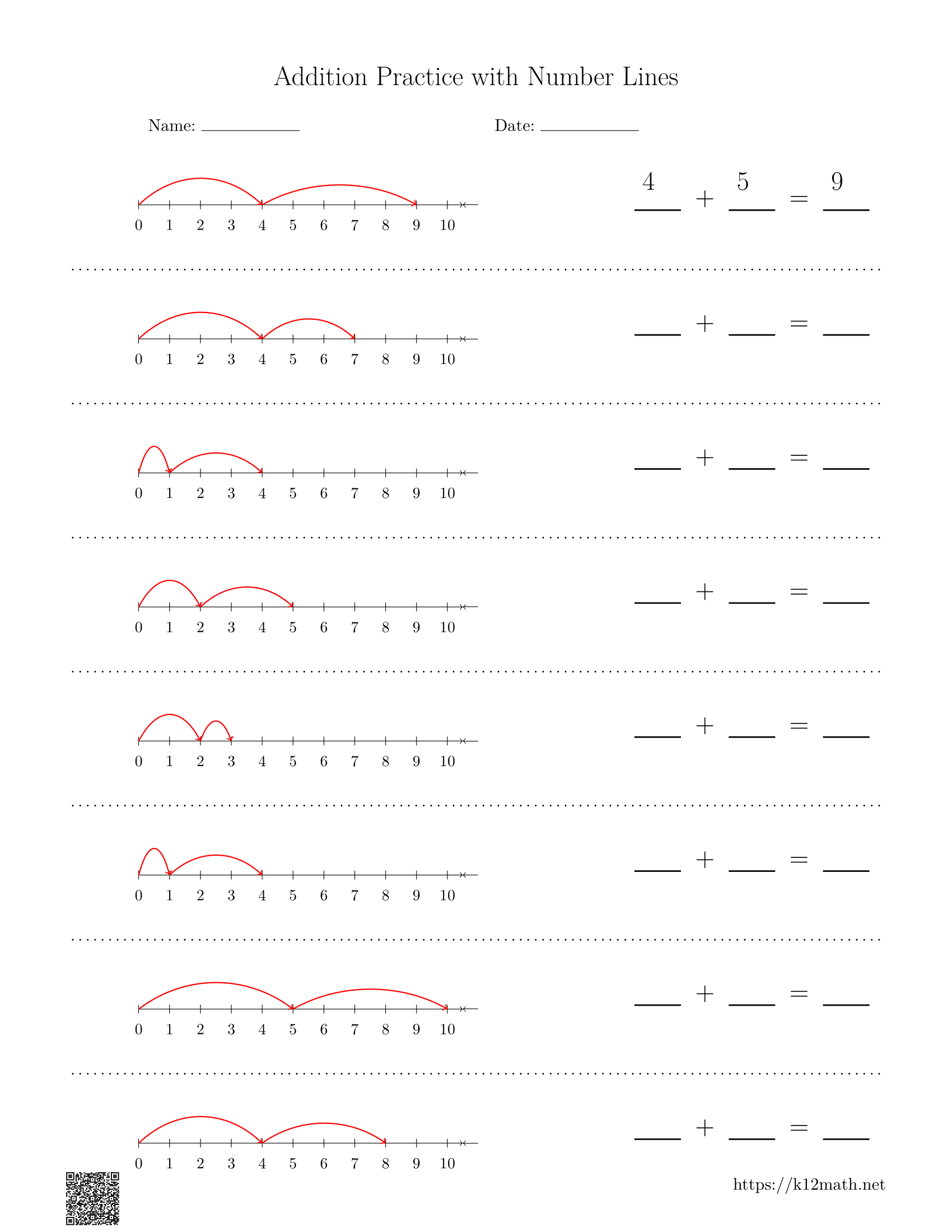 Number Line Addition to 10 Worksheet 2