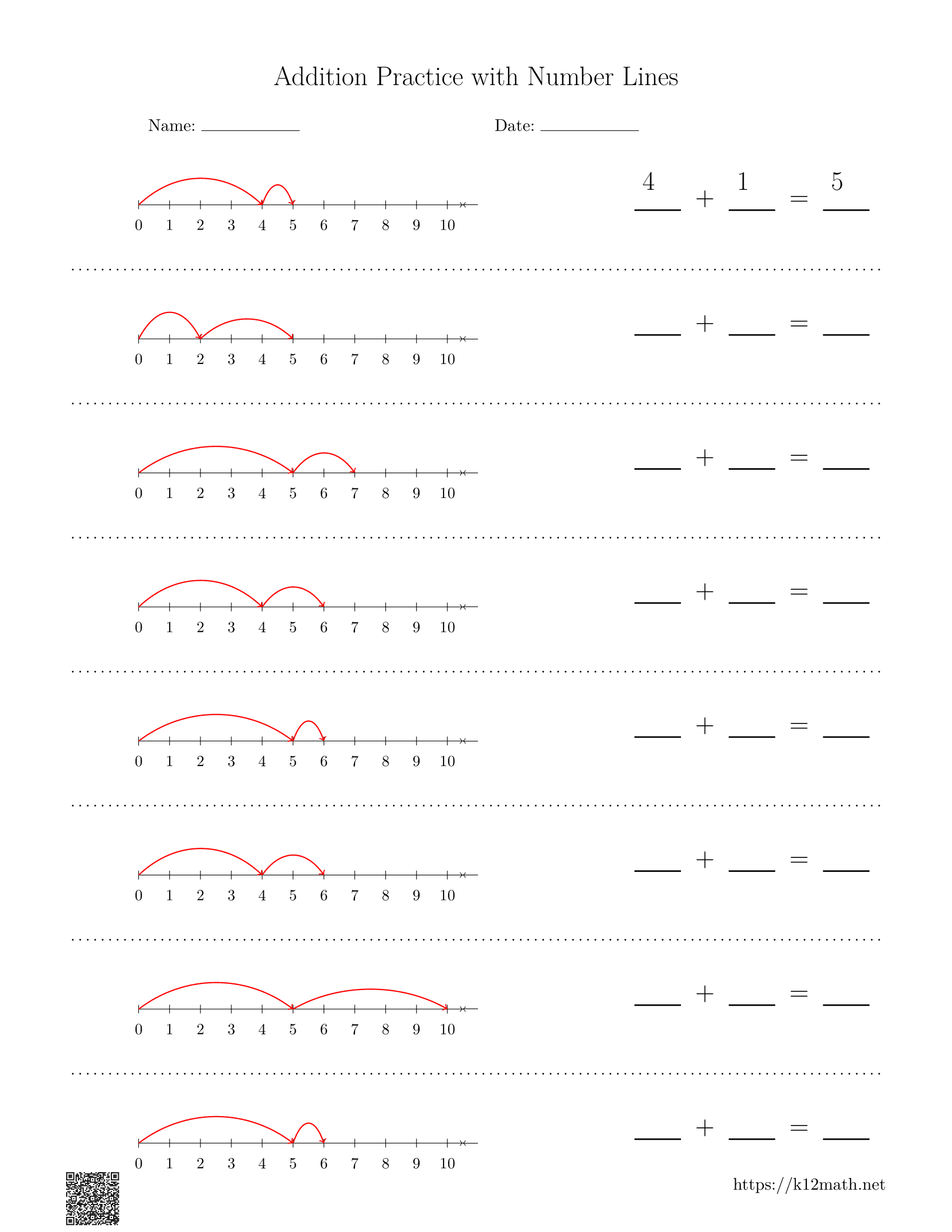 Number Line Addition to 10 Worksheet 3