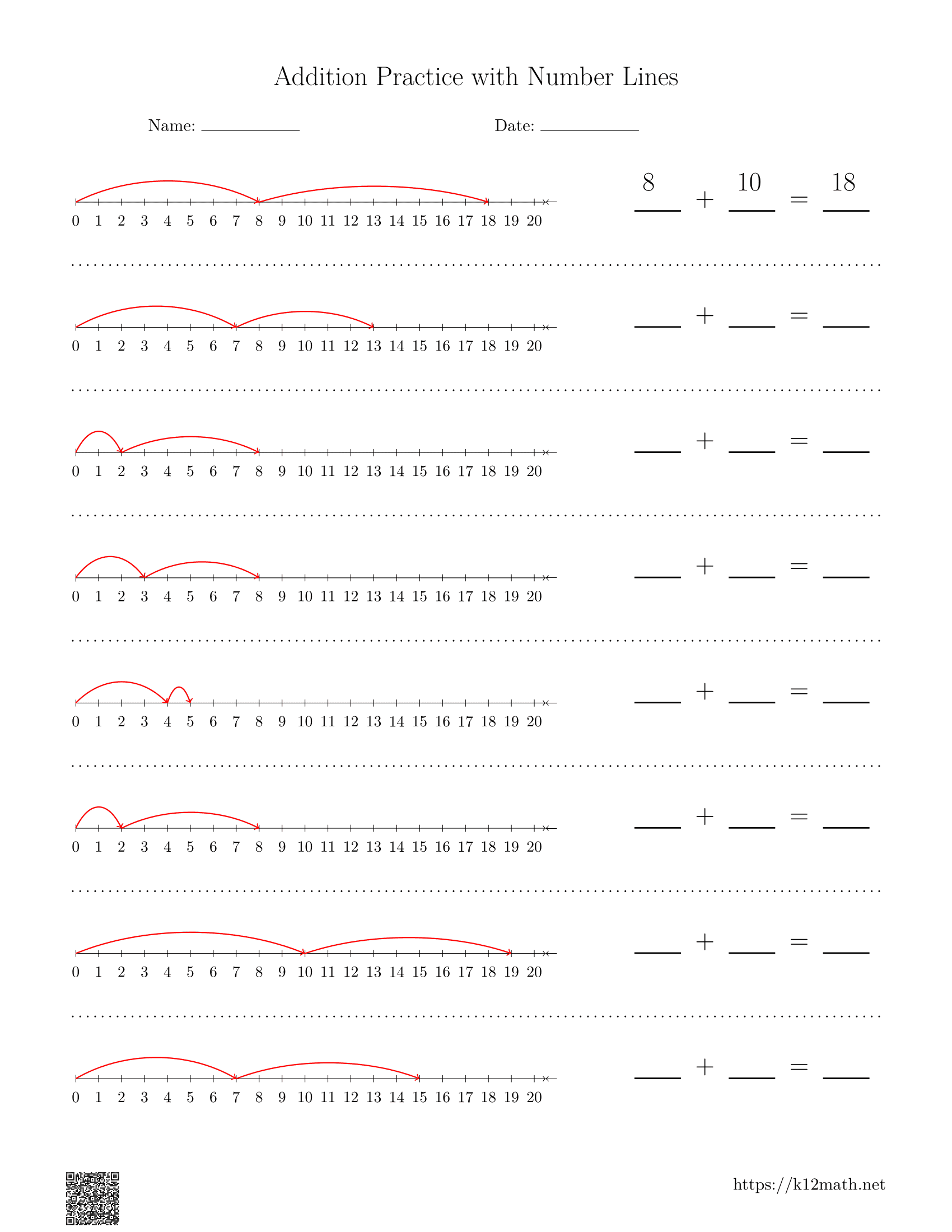 Number Line Addition to 20 Worksheet 2