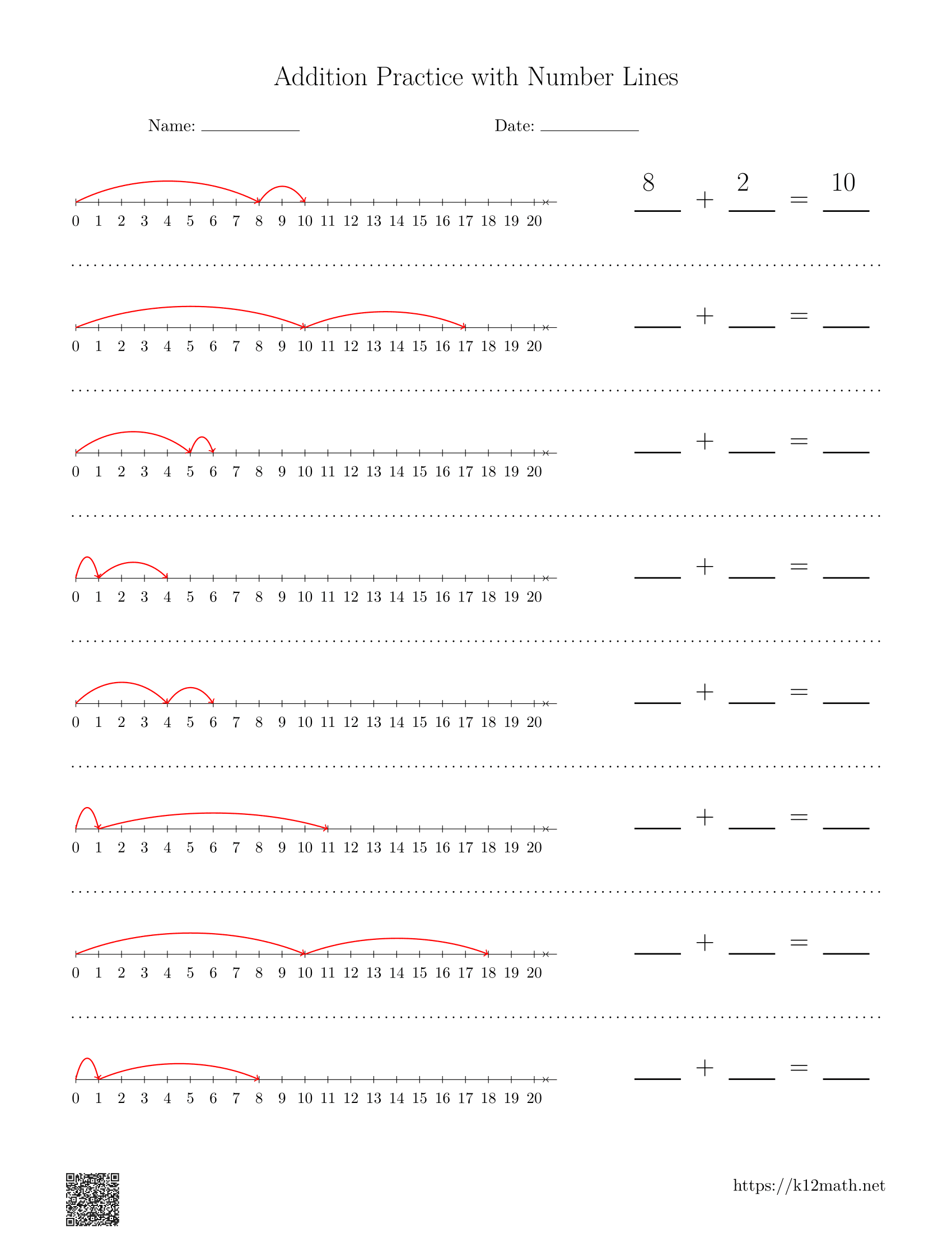 Number Line Addition to 20 Worksheet 4