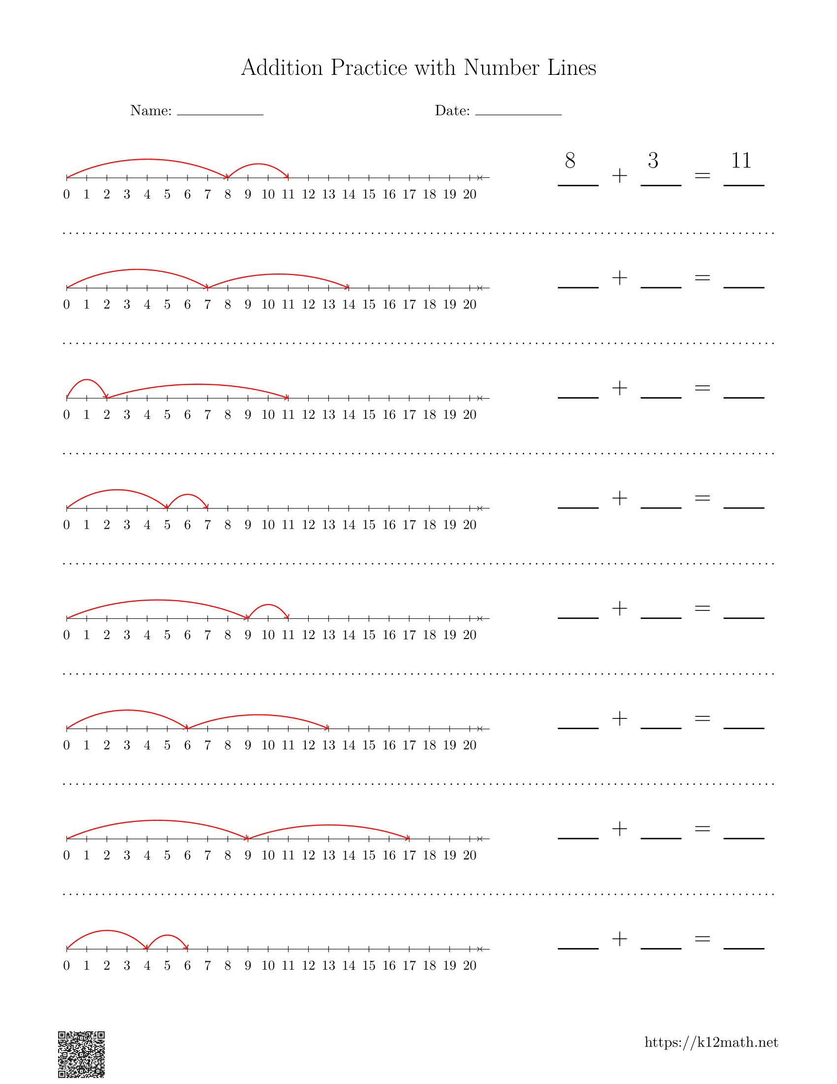 Number Line Addition to 20 Worksheet 5