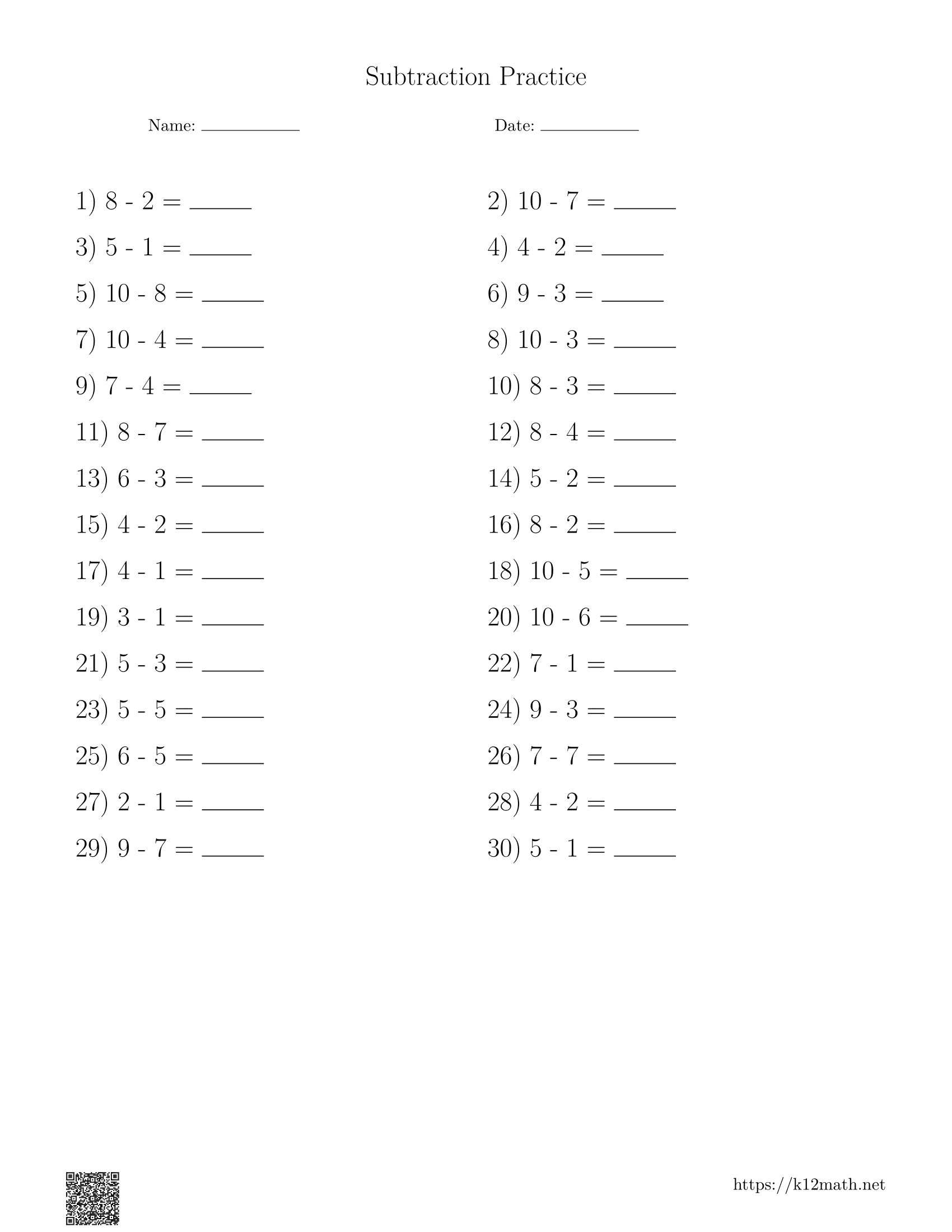 Counting Back Subtraction Worksheet 4