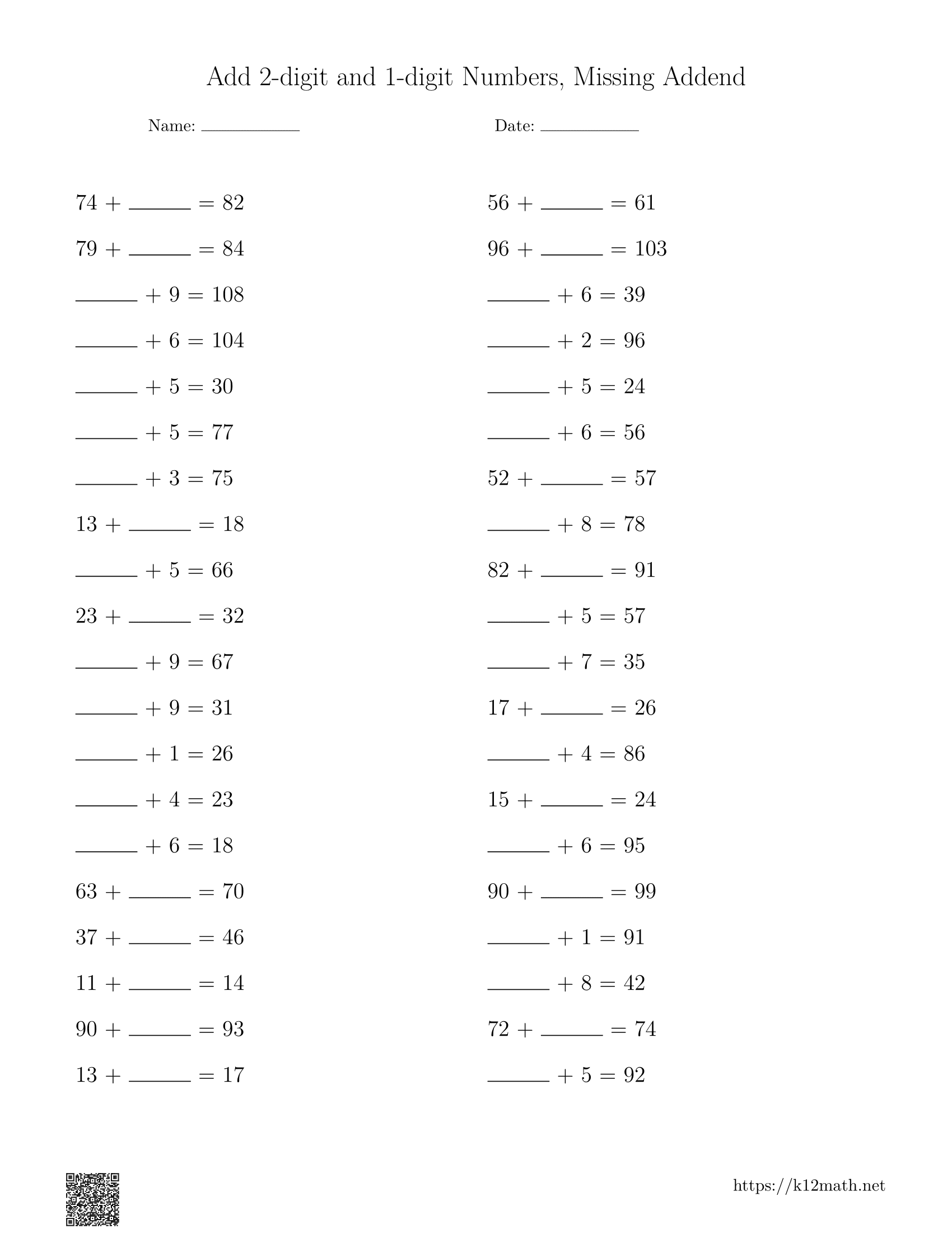 Add 1 & 2-digit numbers, missing addend Worksheet Preview