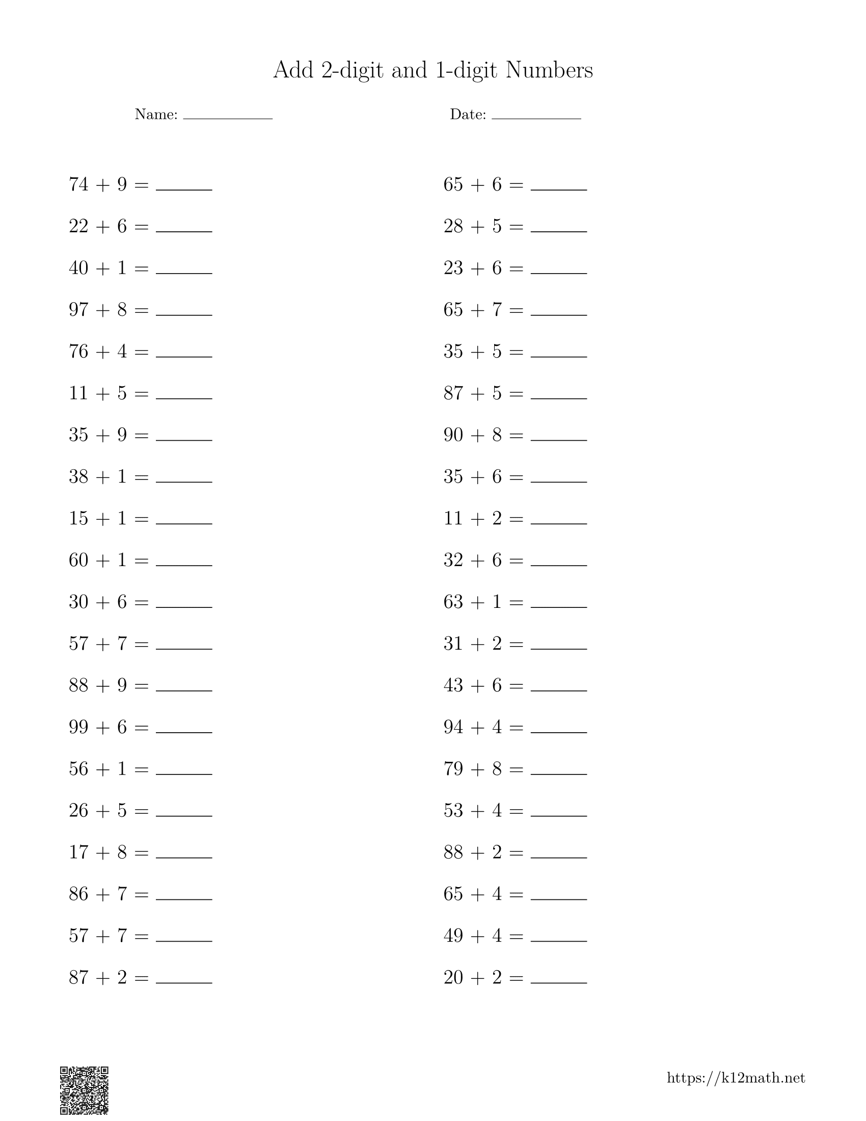 Add 1 & 2-digit Numbers Worksheet 2