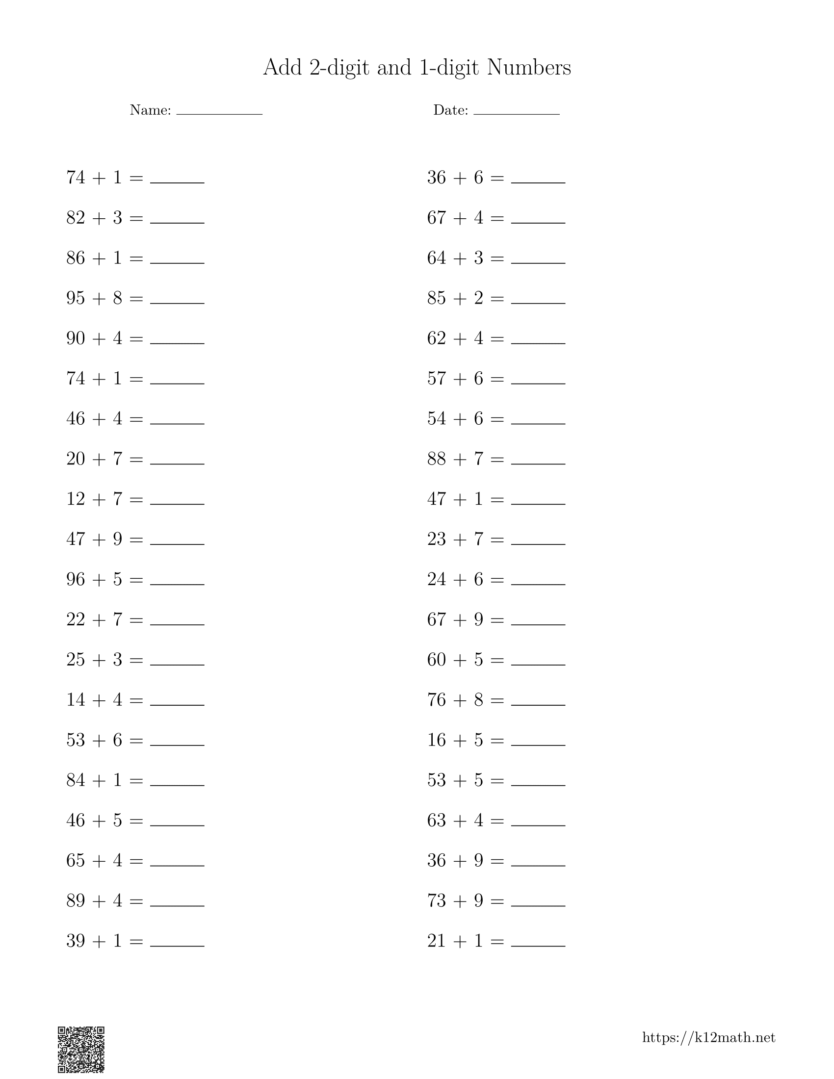 Add 1 & 2-digit Numbers Worksheet 3