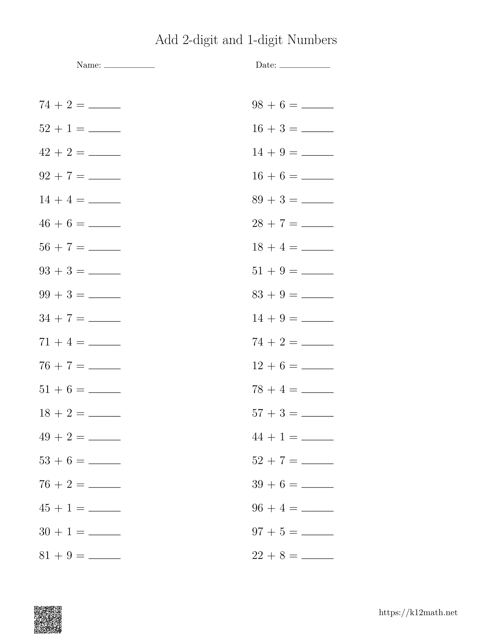 Add 1 & 2-digit Numbers Worksheet 4