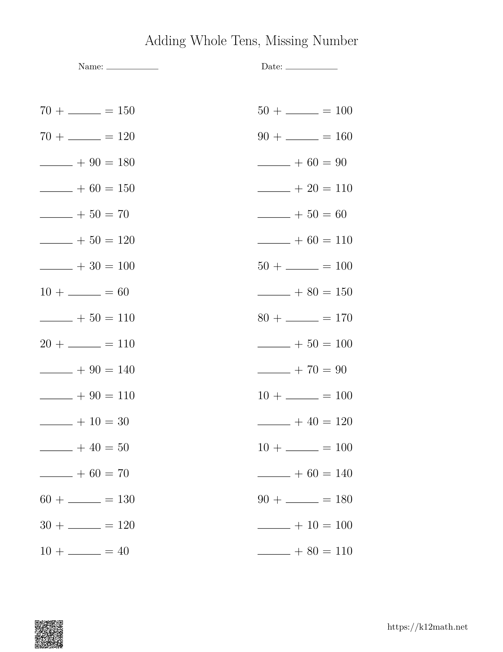 Adding Whole Tens Missing Number Worksheet 1