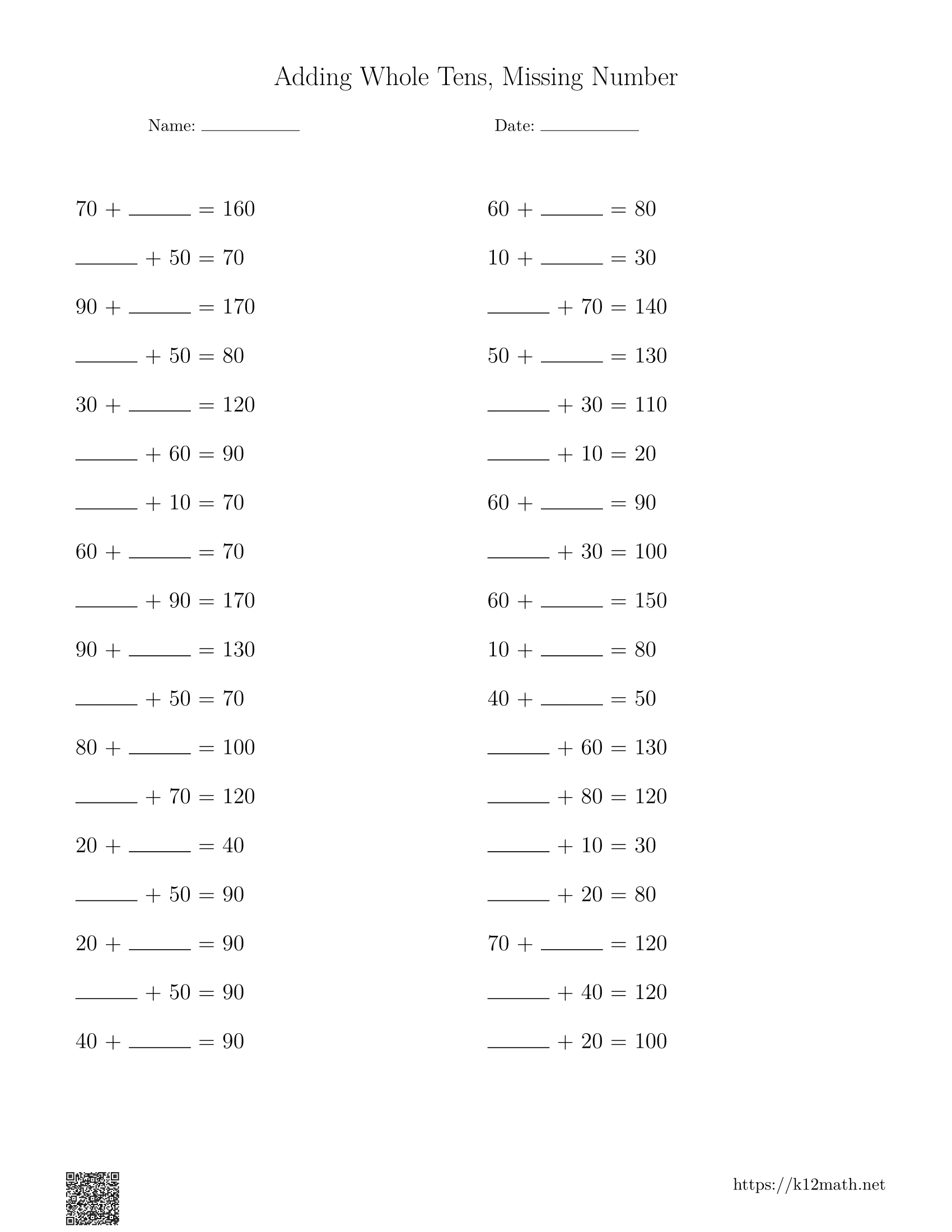 Adding Whole Tens Missing Number Worksheet 2