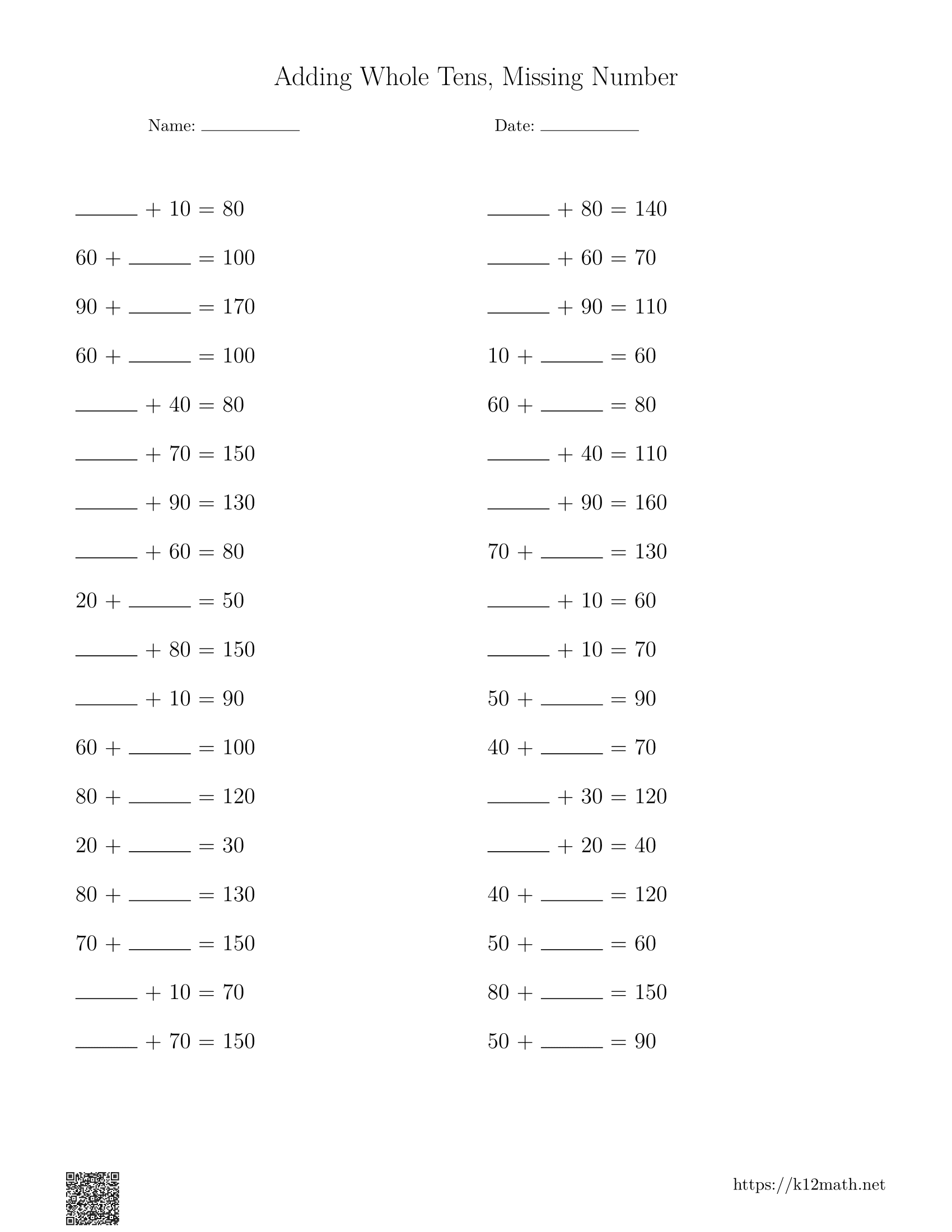 Adding Whole Tens Missing Number Worksheet 3
