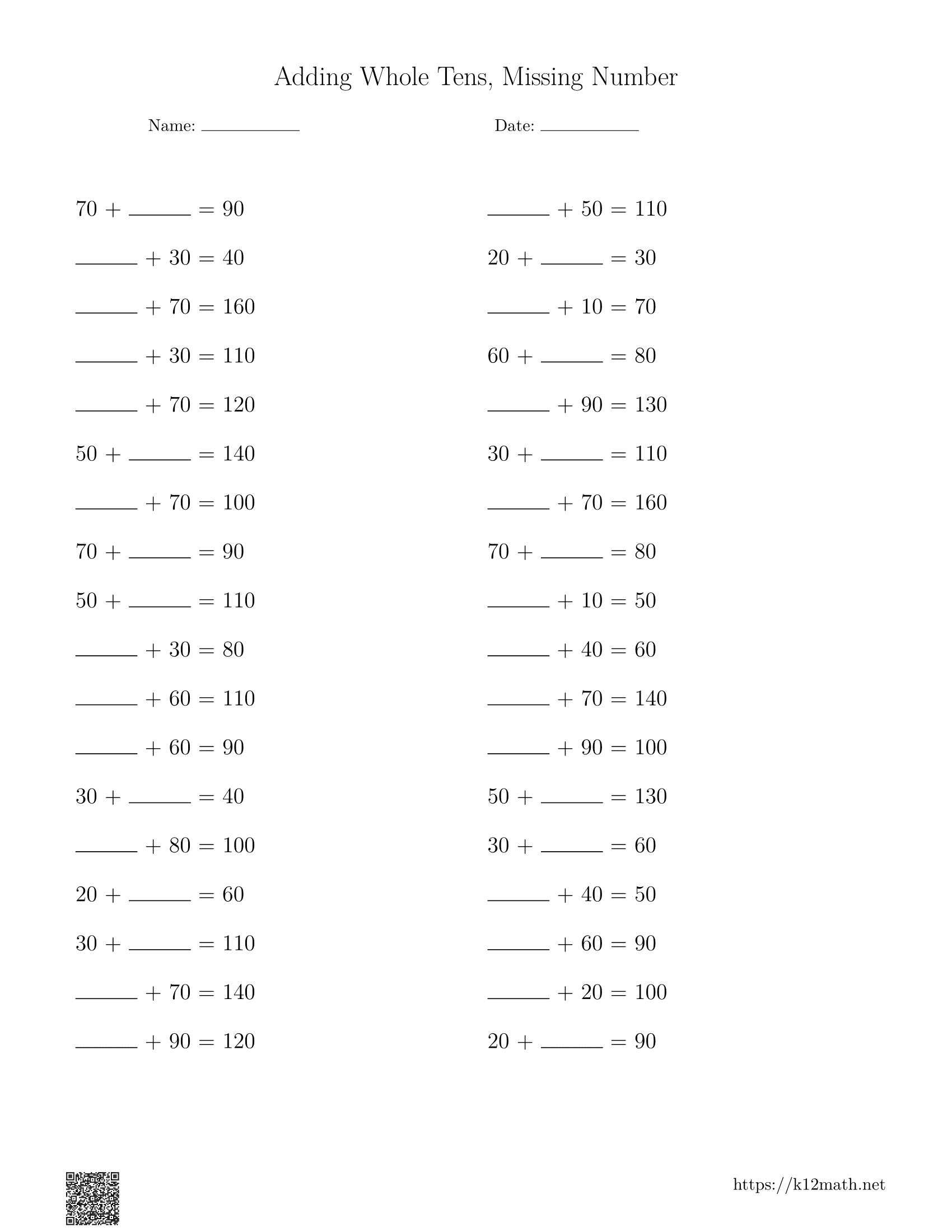 Adding Whole Tens Missing Number Worksheet 4