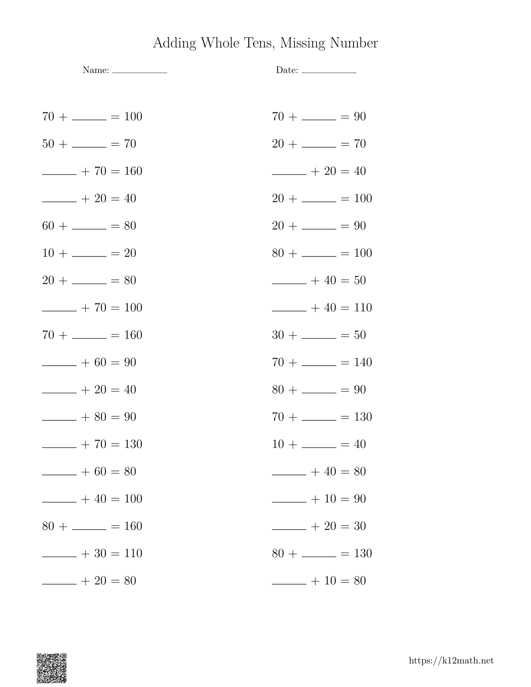 Adding Whole Tens Missing Number Worksheet 5