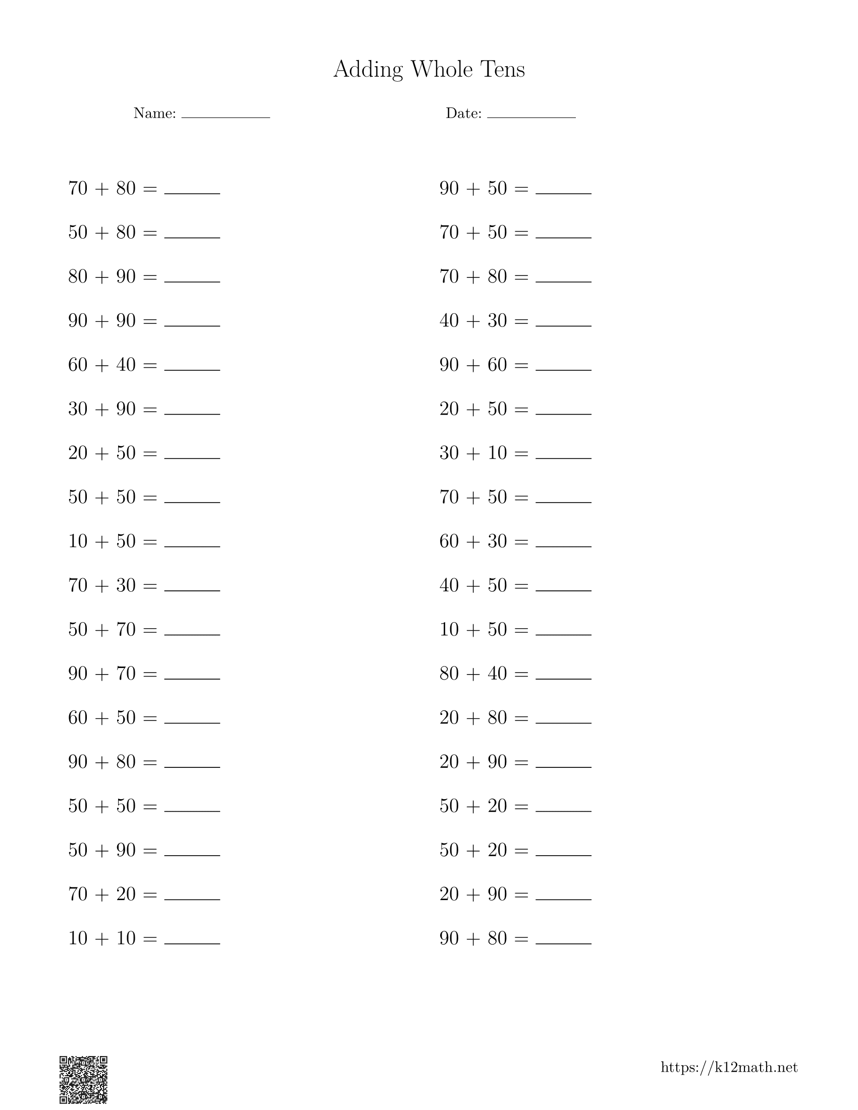 Adding Whole Tens Worksheet 1