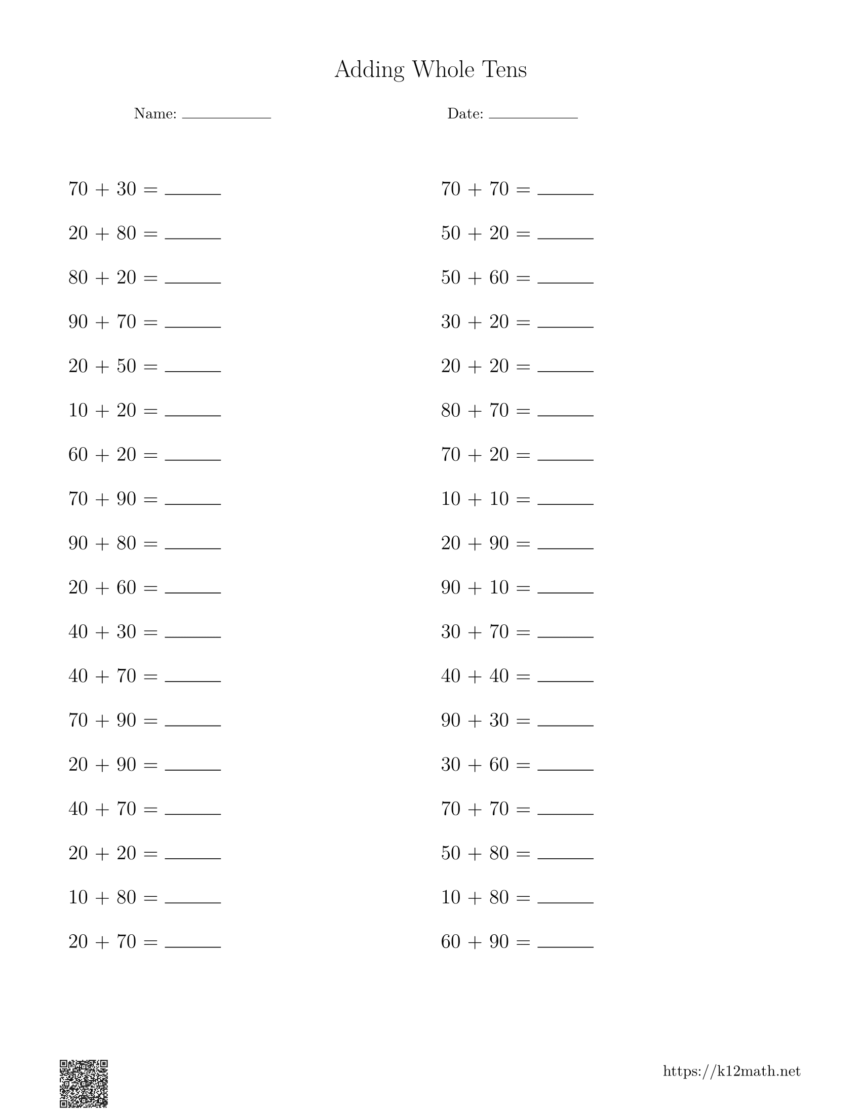 Adding Whole Tens Worksheet 5