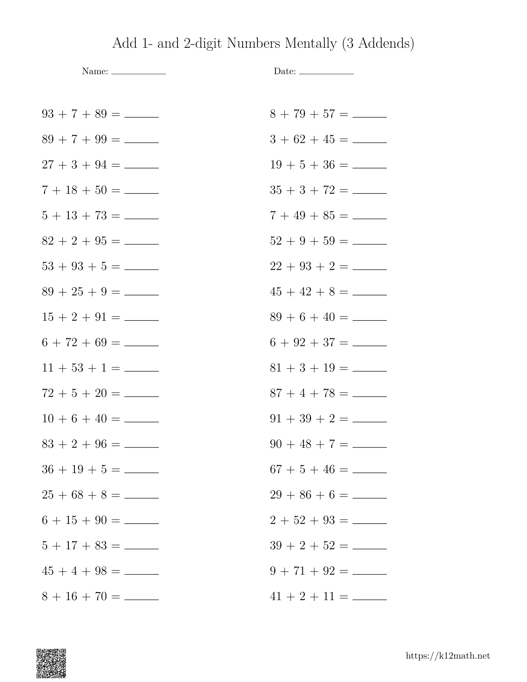 Add 1-and 2-digit numbers mentally (3 addends) Worksheet Preview