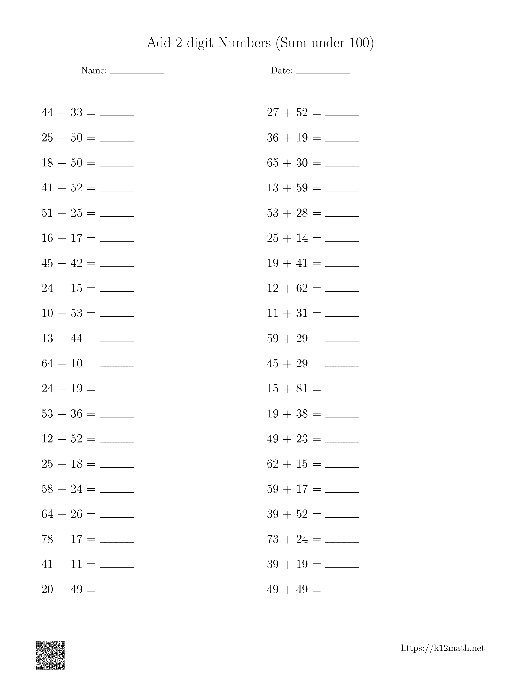 Add 2-digit numbers (sum under 100) Worksheet Preview